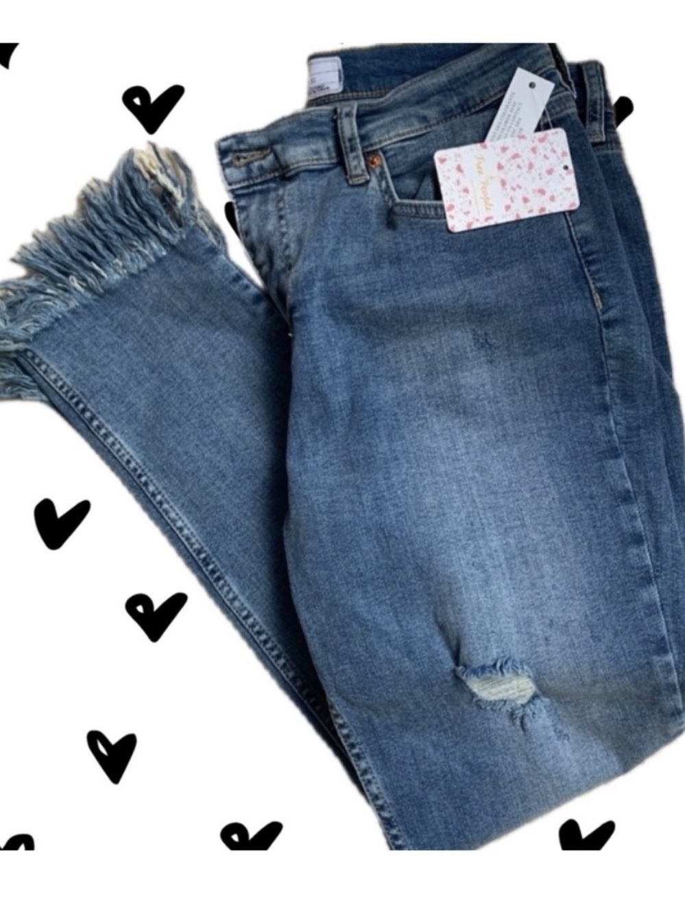 Free People Washed Blue Fringed Hem Ankle Jeans